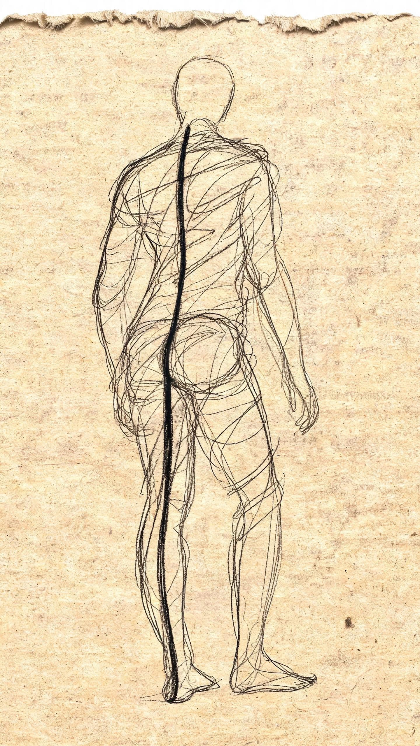 Vertical gesture drawing of a standing figure caught in a few fast continuous lines, generated with Seedream 5.0 Lite