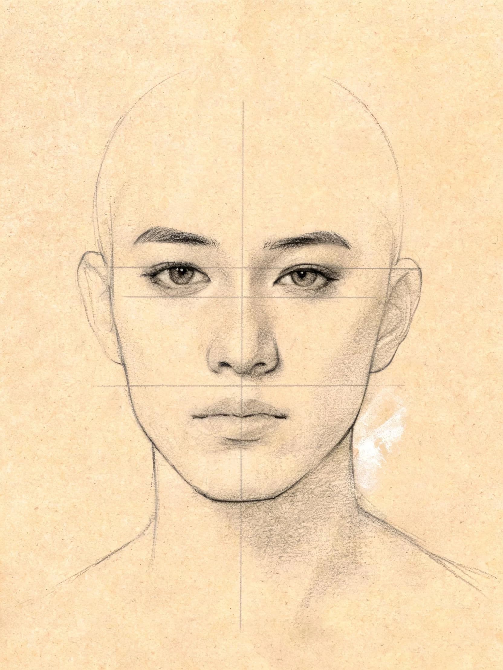 Vertical pencil head study with the horizontal proportion guides left on the page, generated with Seedream 5.0 Lite
