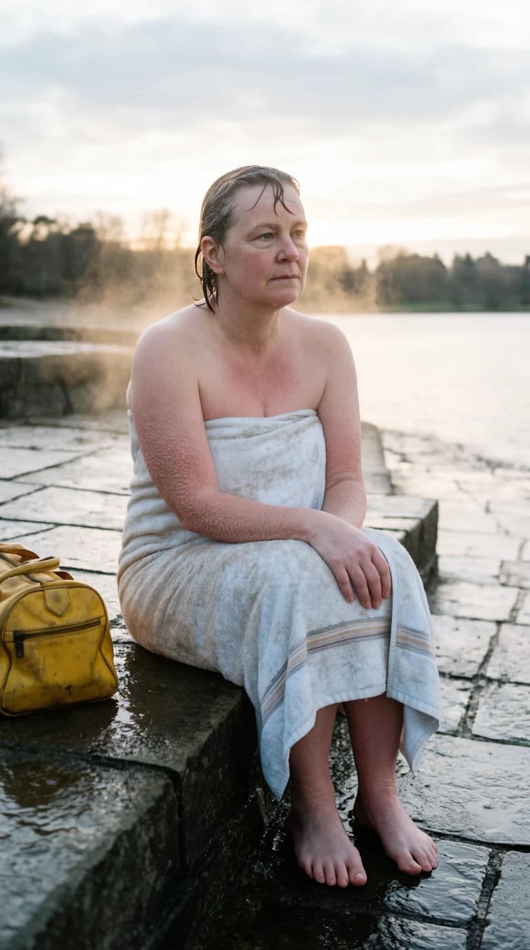 Vertical portrait of a cold-water swimmer wrapped in a towel on wet harbour steps at first light, generated with Krea 2 Large