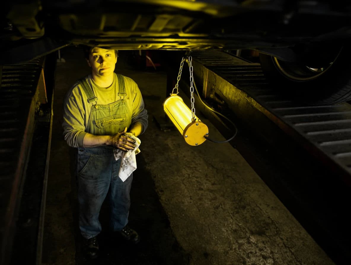 Portrait of a mechanic standing under a raised car lit by the workshop inspection lamp, generated with Krea 2 Large