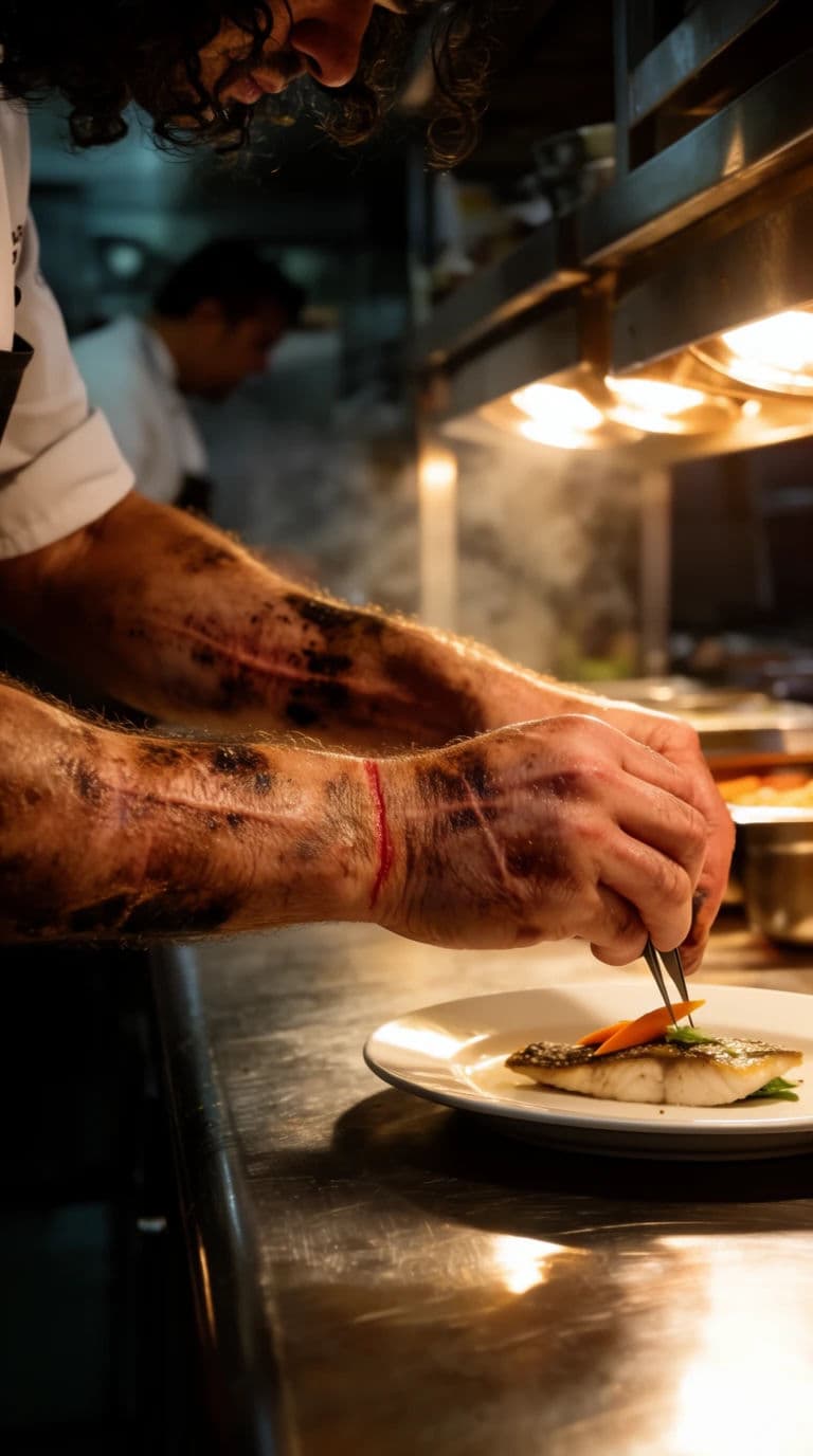 Vertical portrait cropped to a chef scarred forearms plating at a hot kitchen pass, generated with Krea 2 Large