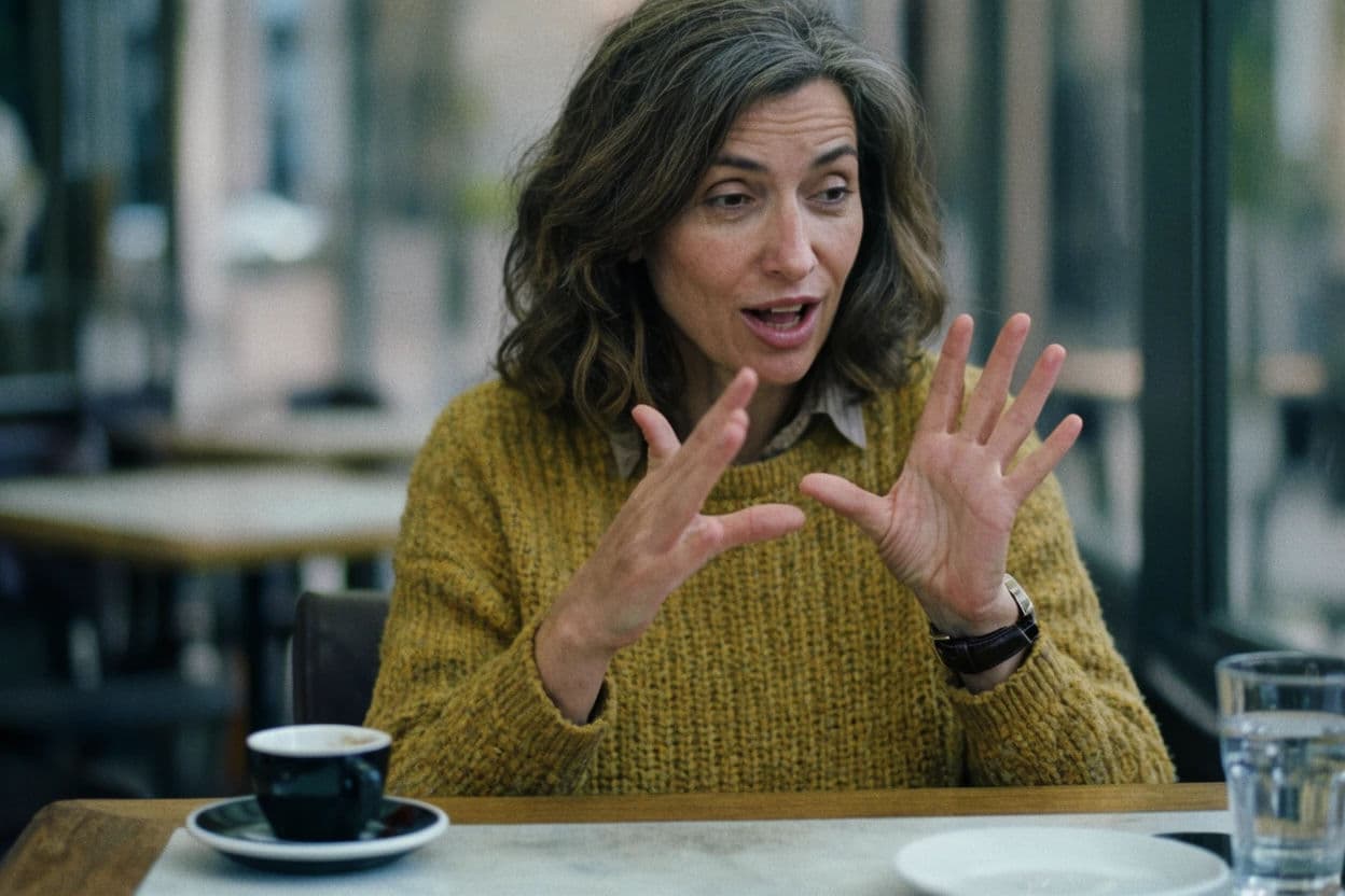 Portrait of a woman caught mid-sentence with her hands raised in explanation, generated with Krea 2 Large