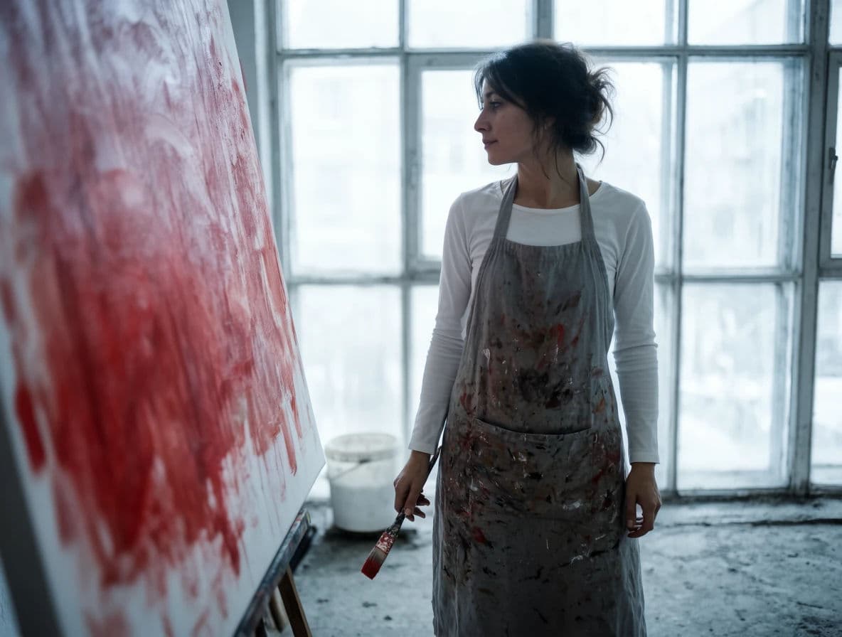 Portrait of a painter standing beside an unfinished canvas in a north-facing studio, generated with Krea 2 Large