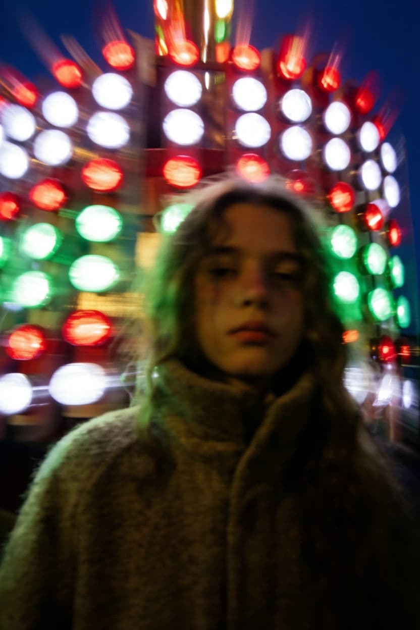 Vertical portrait of a teenager lit by the moving bulbs of a fairground ride at night, generated with Krea 2 Large
