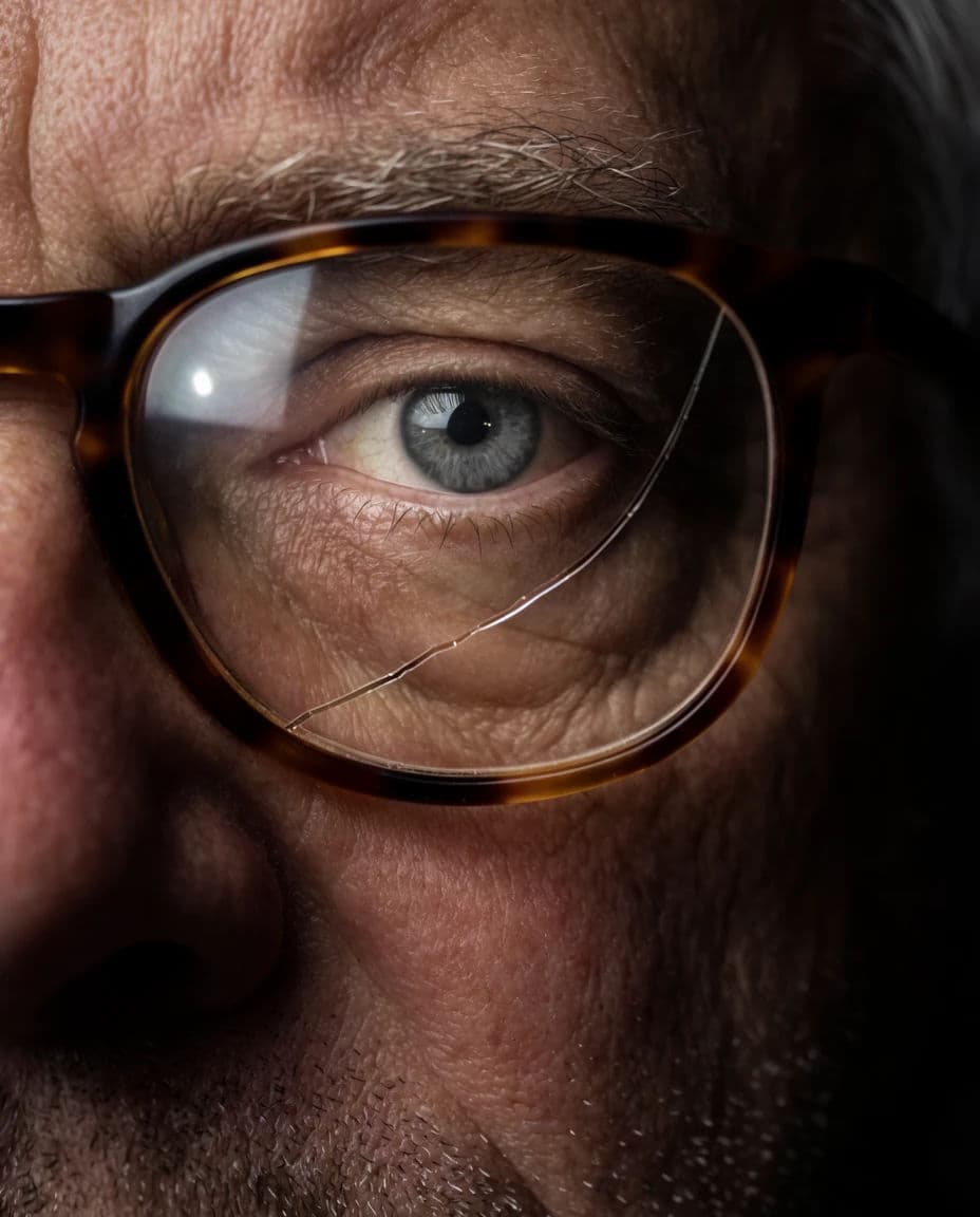 Close portrait of one eye behind the cracked lens of a pair of old spectacles, generated with Krea 2 Large