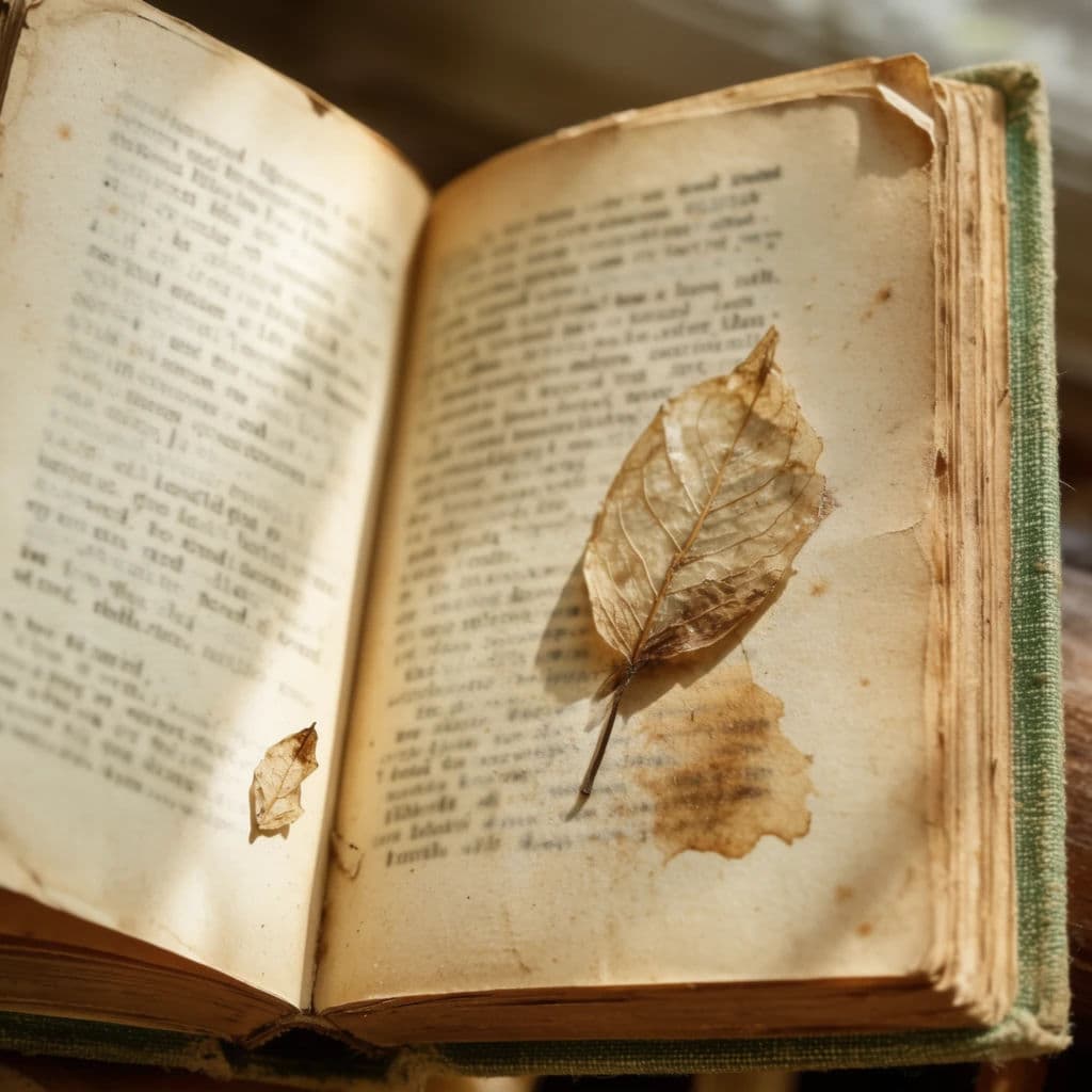 Square still life of an open book with a dried pressed leaf lying across the page, generated with Krea 2 Large