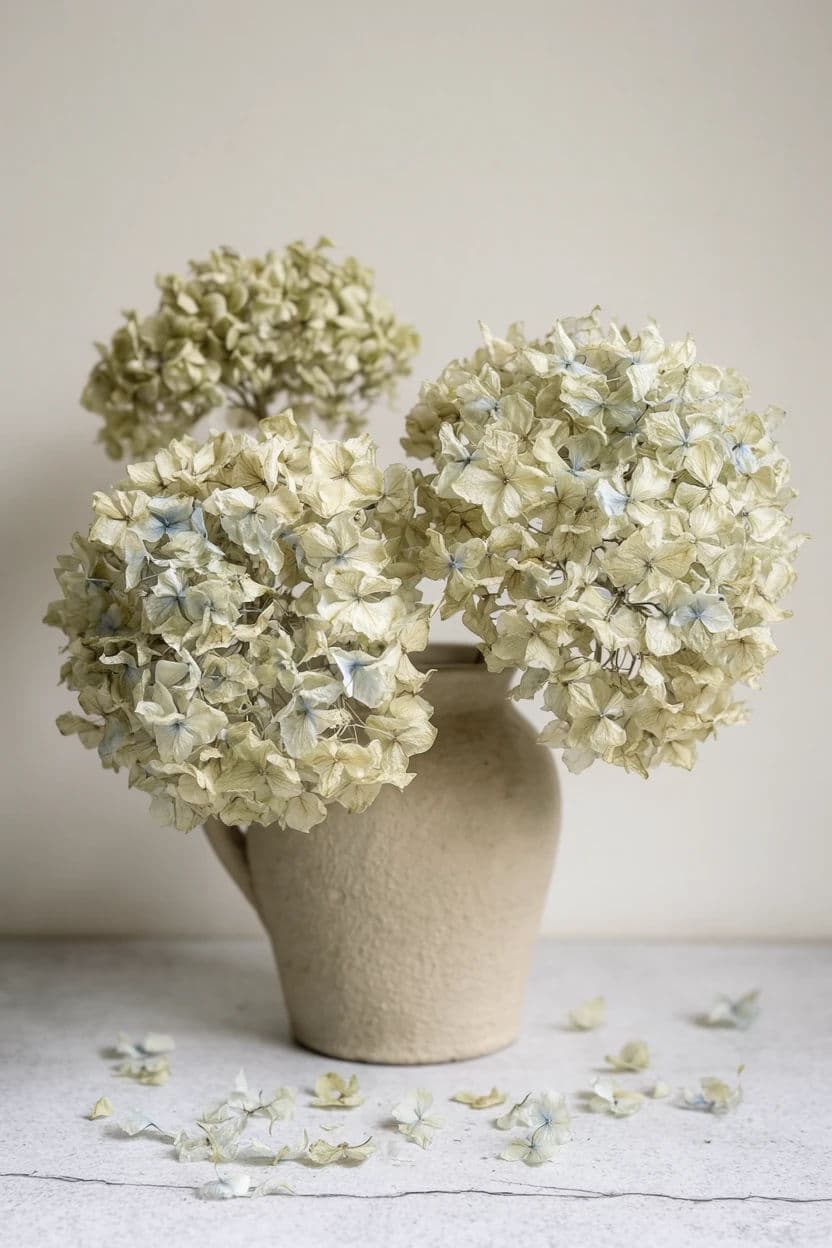 Vertical still life of dried hydrangea heads that have faded to paper, generated with Krea 2 Large