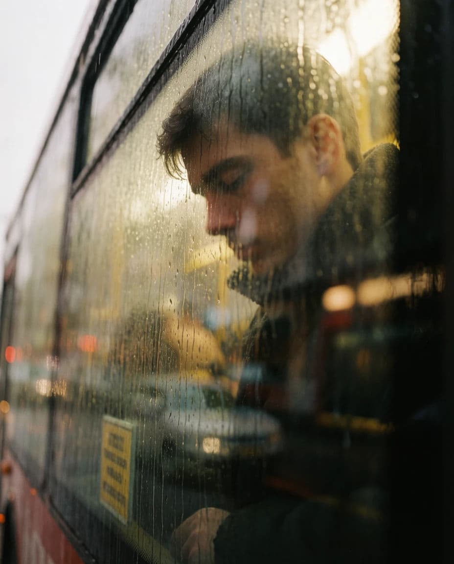Street photograph of a passenger resting their head on a rain-streaked bus window, generated with Krea 2 Medium