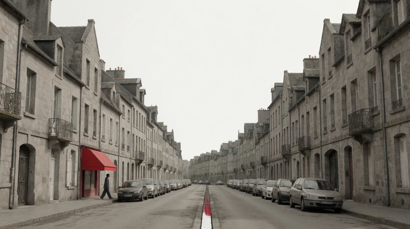 Wide street photograph of one red shop awning as the only colour in a grey street, generated with Krea 2 Medium