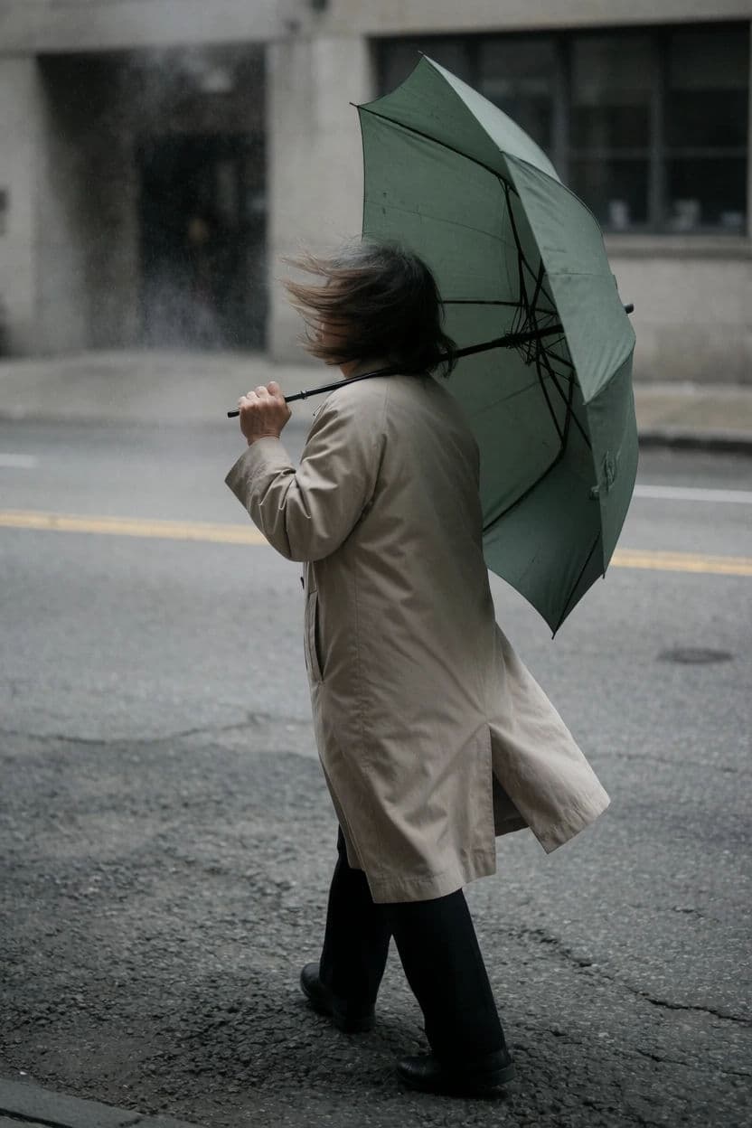Vertical street photograph of a pedestrian struggling with an umbrella turned inside out, generated with Krea 2 Medium