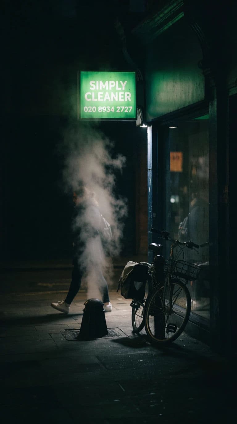 Vertical street photograph of steam rising from a pavement vent below an illuminated shop sign, generated with Krea 2 Medium