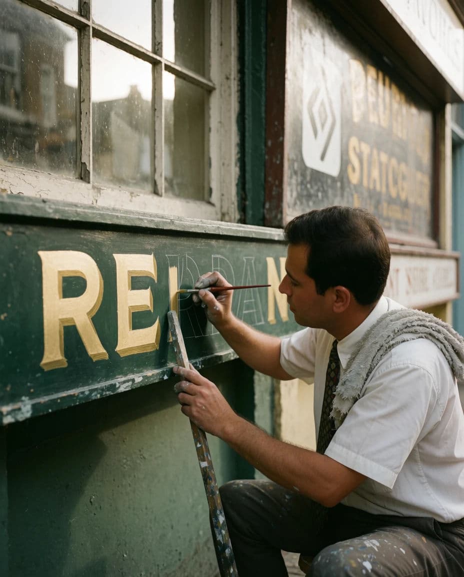 Street photograph of a sign painter part way through hand-lettering a shopfront, generated with Krea 2 Medium