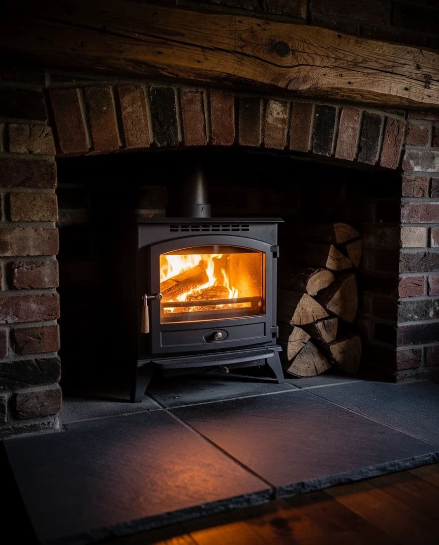 Listing photograph of a lit wood burning stove in an alcove with the room dim around it, generated with Flux 2 Pro
