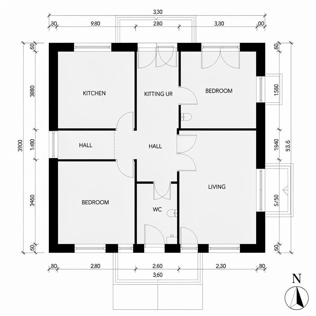 Measured ground floor plan drawing with walls in solid poche and doors drawn with swing arcs, generated with Flux 2 Pro