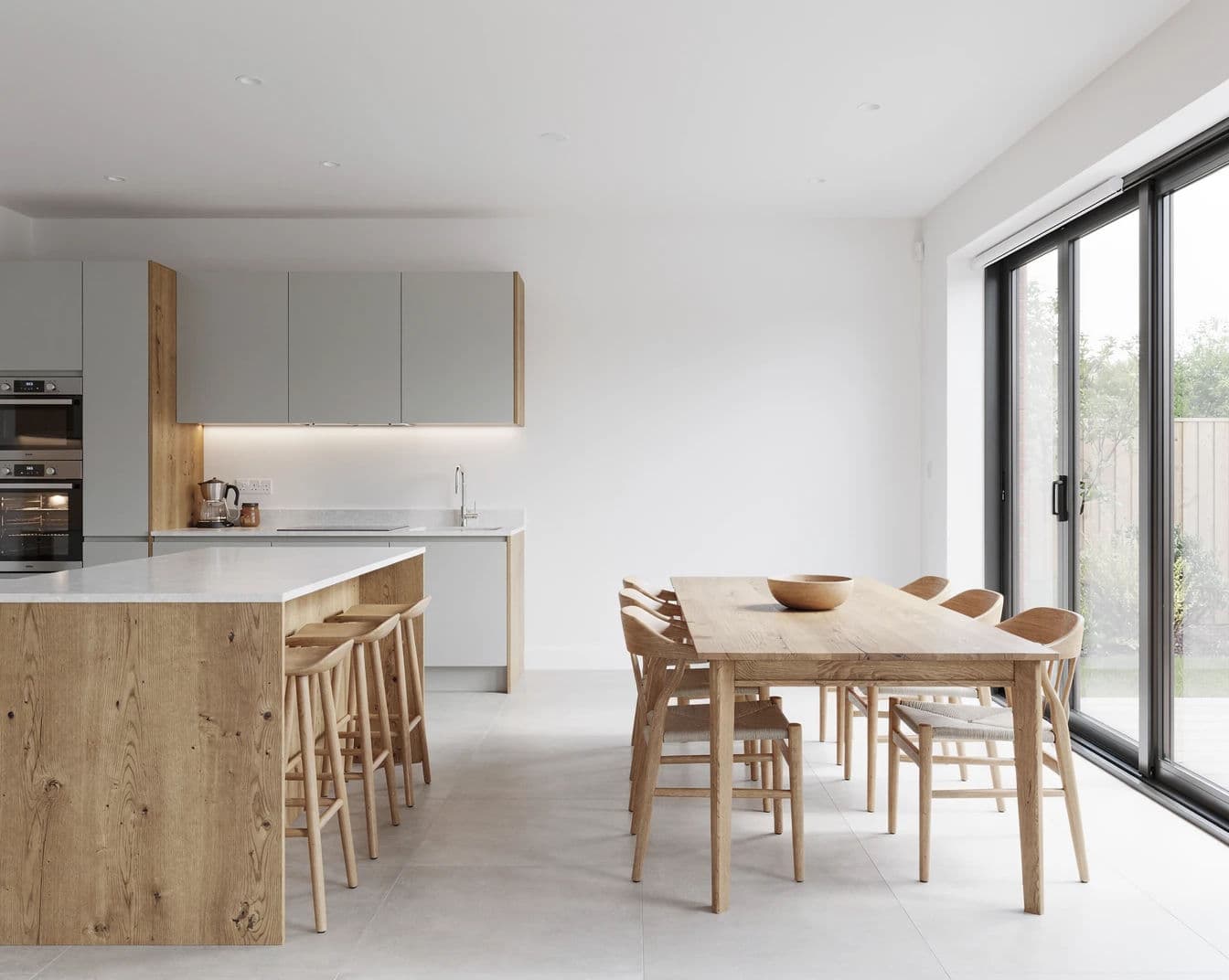 Wide listing photograph of an open plan kitchen and dining space without curved edge distortion, generated with Flux 2 Pro