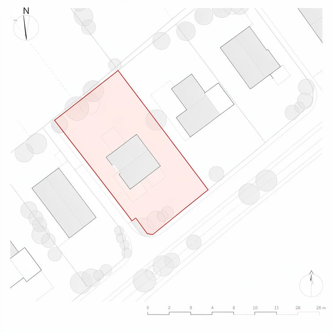 Site plan drawing with the subject plot outlined in red and the neighbouring plots greyed back, generated with Flux 2 Pro