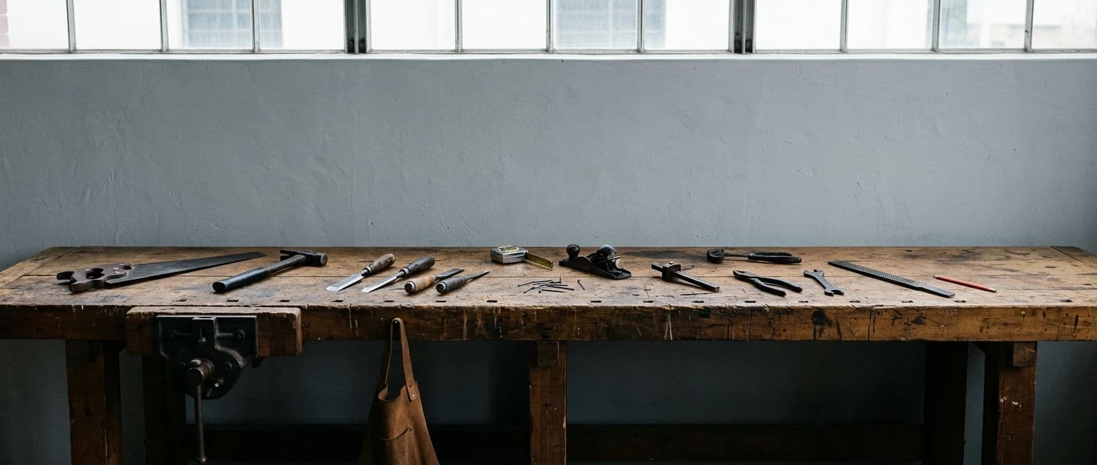 Ultra wide header of a long workbench running the full width of the frame, generated with Nano Banana 2