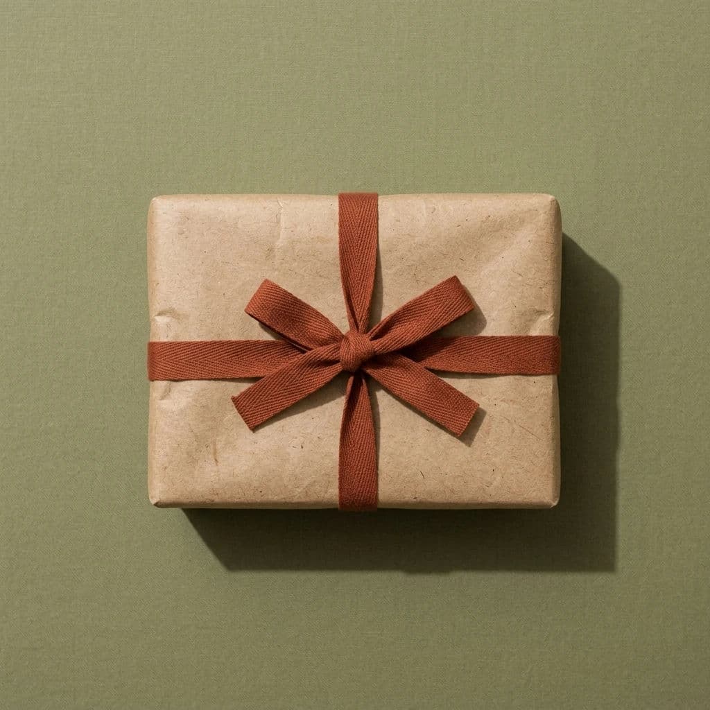 Square tile of a single wrapped parcel with ribbon on a flat coloured ground, generated with Nano Banana 2