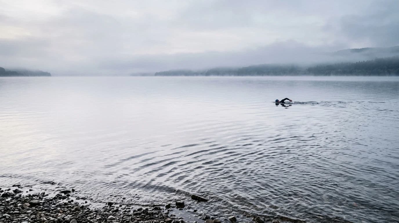 Wide landscape post of a lone swimmer in open water placed far to one side, generated with Nano Banana 2