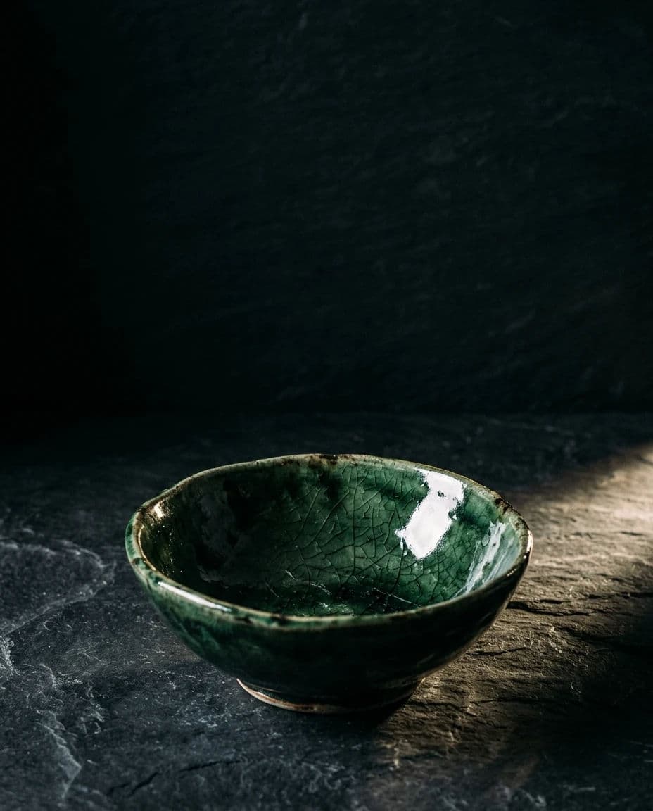 First carousel slide showing a single ceramic bowl on a dark surface with generous empty space, generated with Nano Banana 2