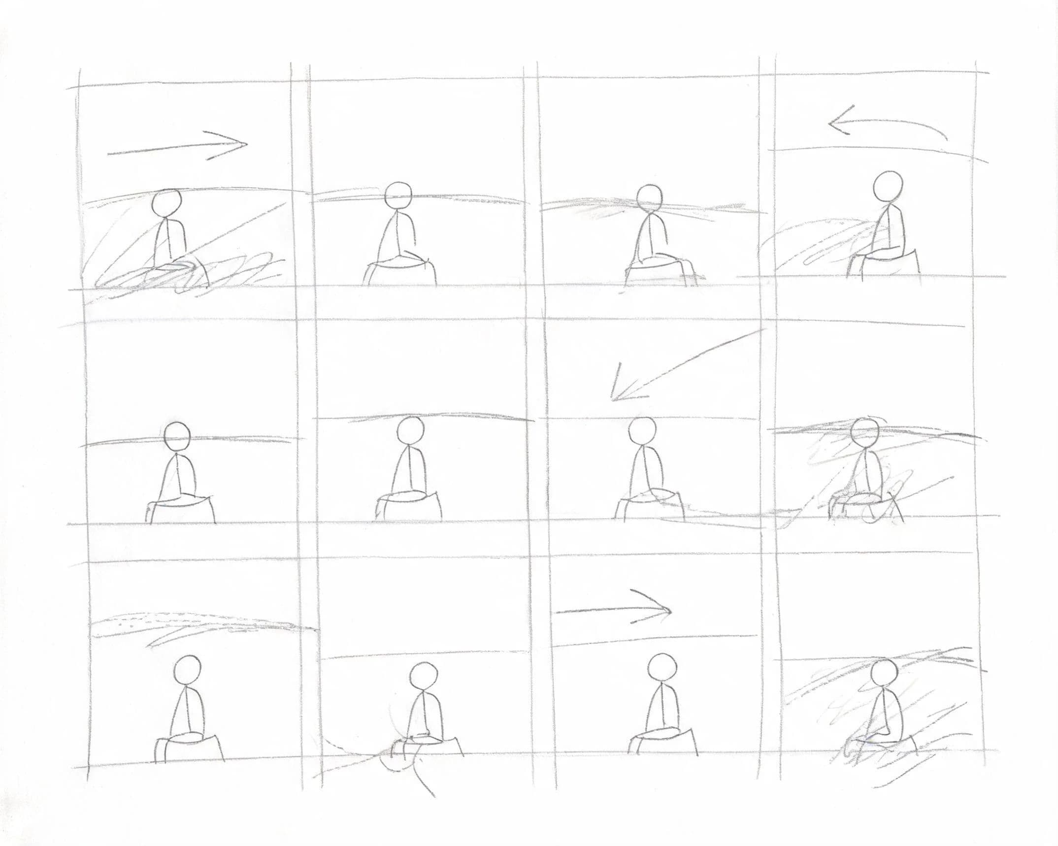 Sheet of twelve very small rough storyboard thumbnails scribbled at speed, generated with Seedream 5.0 Lite