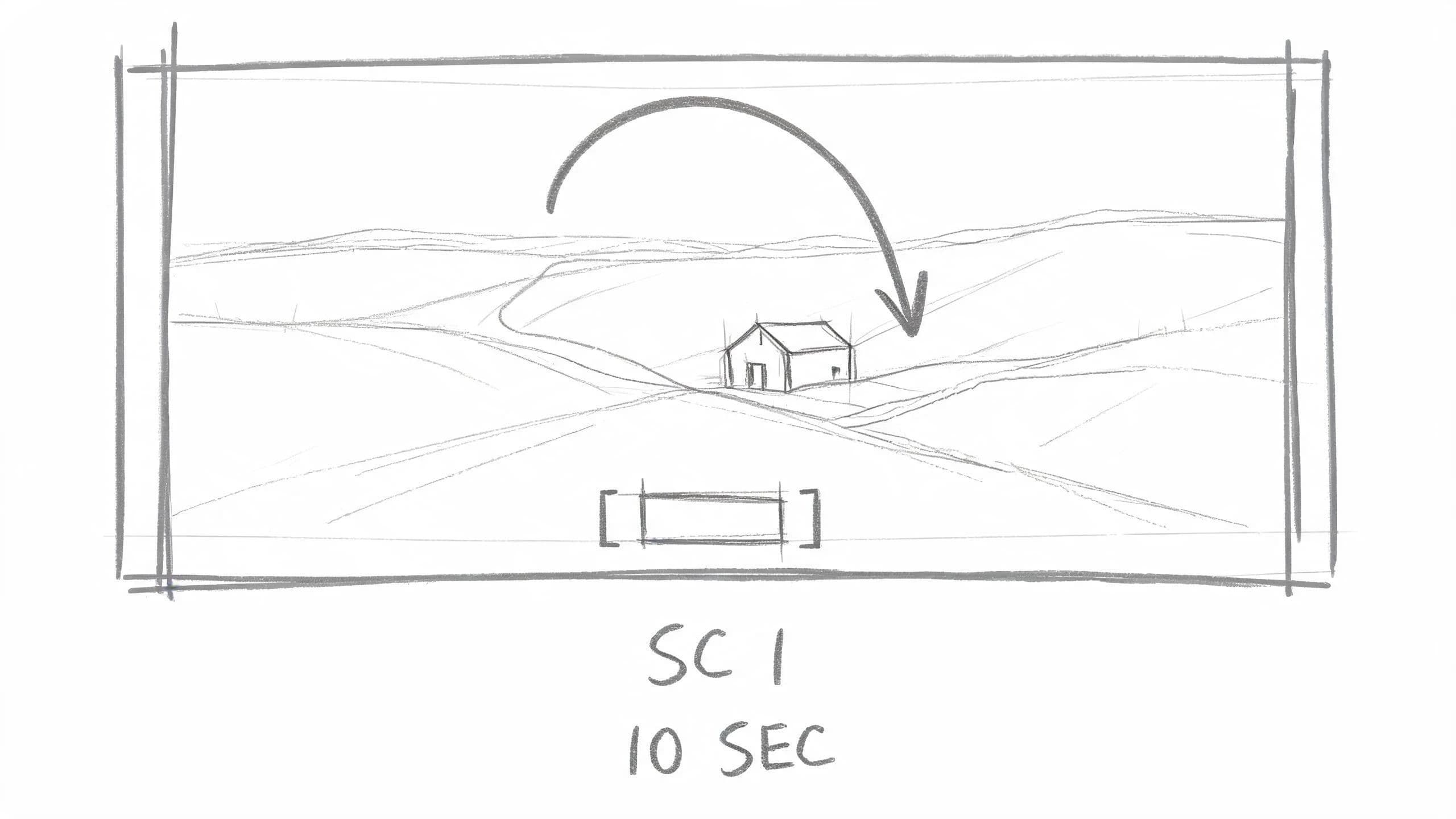 Wide storyboard frame of a valley with a curved vertical arrow marking a crane down, generated with Seedream 5.0 Lite