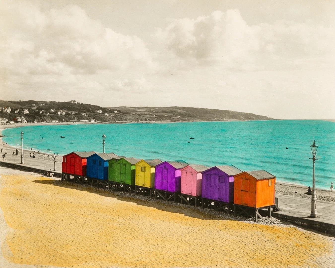 Vintage hand coloured seaside print with confident but unnatural applied colours, generated with Seedream 5.0 Pro
