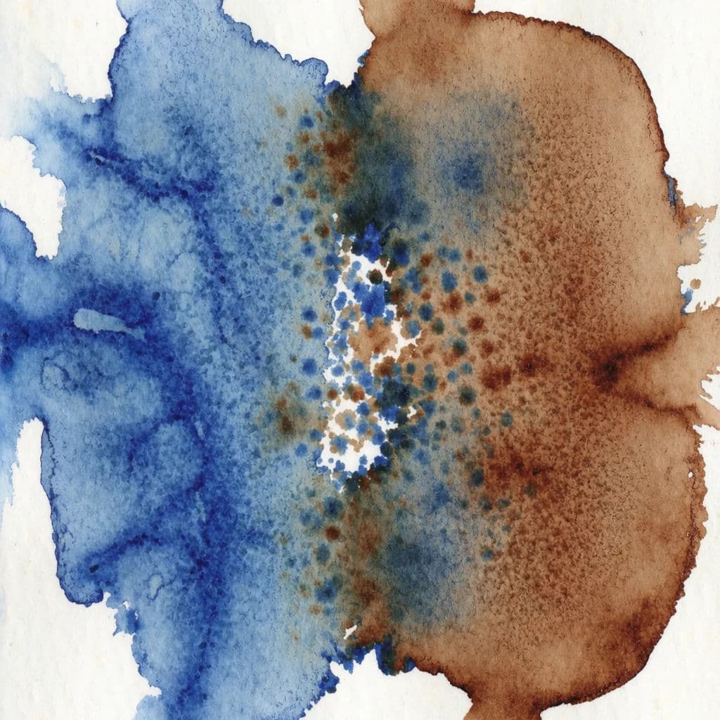 Watercolour study of two granulating pigments settling separately into the paper, generated with Krea 2 Medium