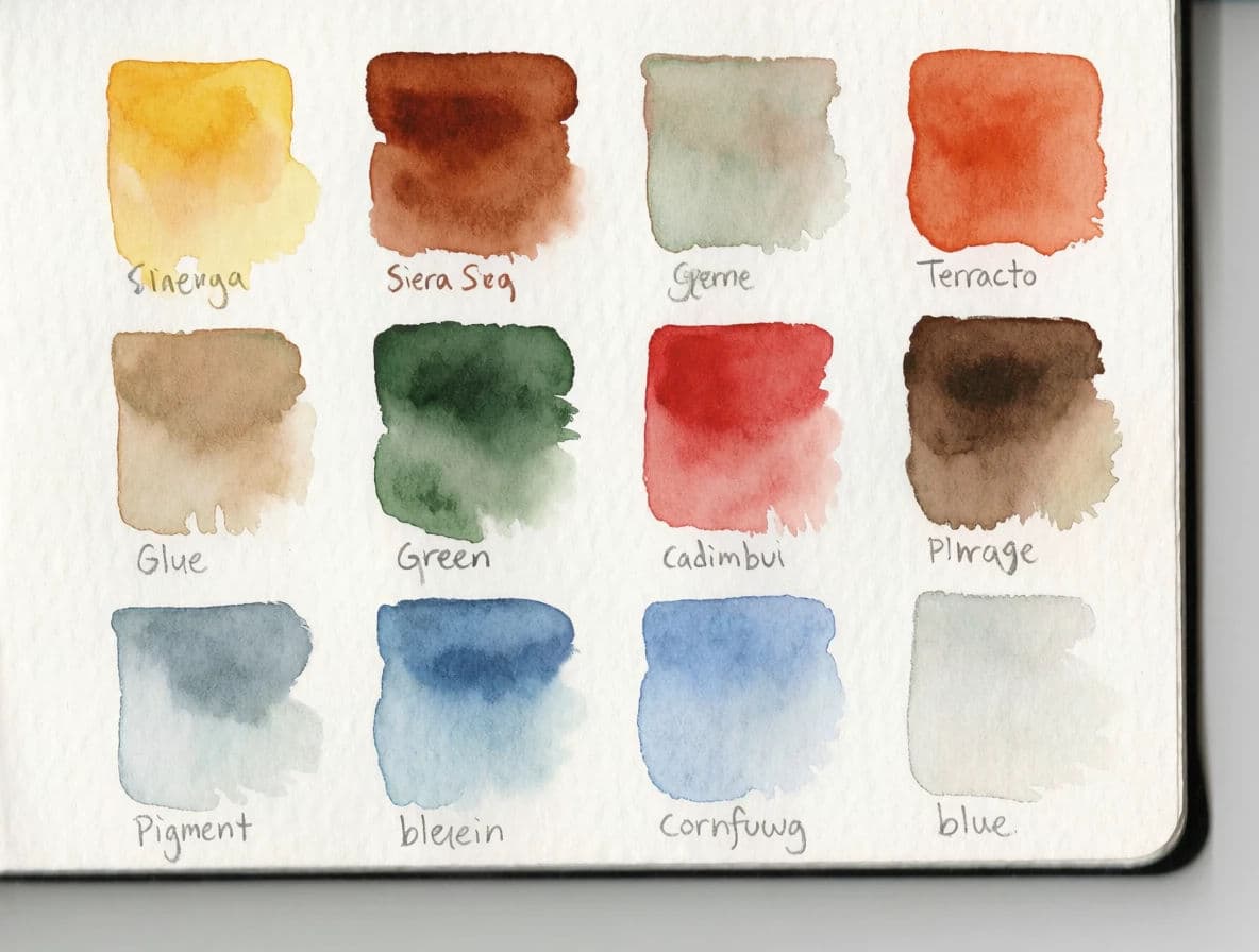 Watercolour swatch chart of twelve painted squares each graded from full strength to nothing, generated with Krea 2 Medium