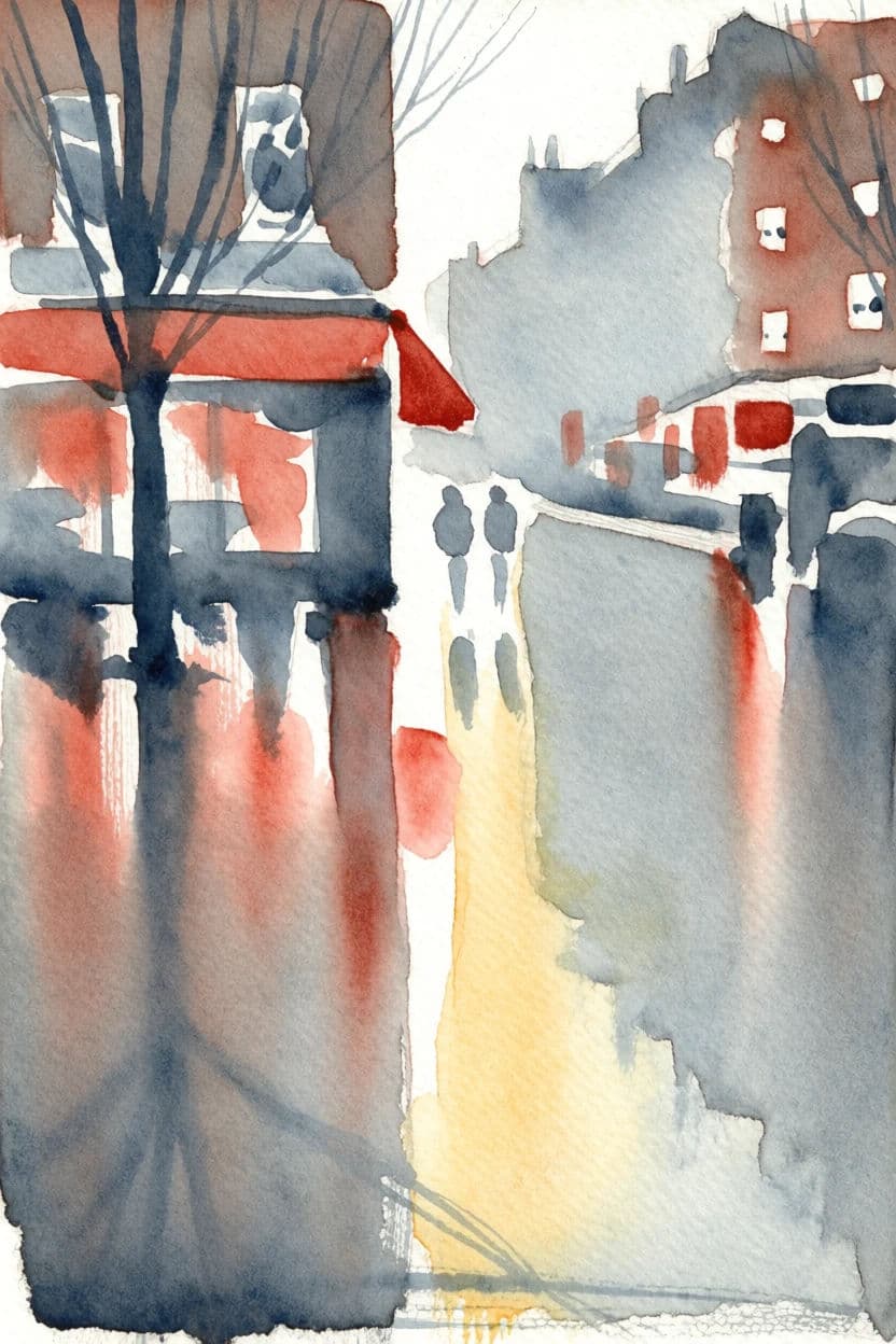 Watercolour street scene with reflections pulled downward in vertical wet strokes, generated with Krea 2 Medium