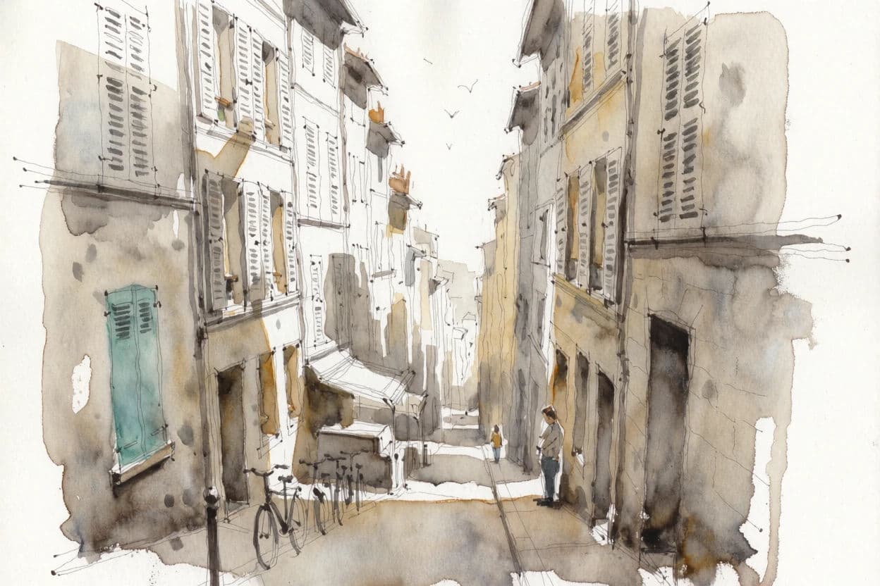 Urban sketch of a narrow street drawn in ink first with loose colour washed over it, generated with Krea 2 Medium