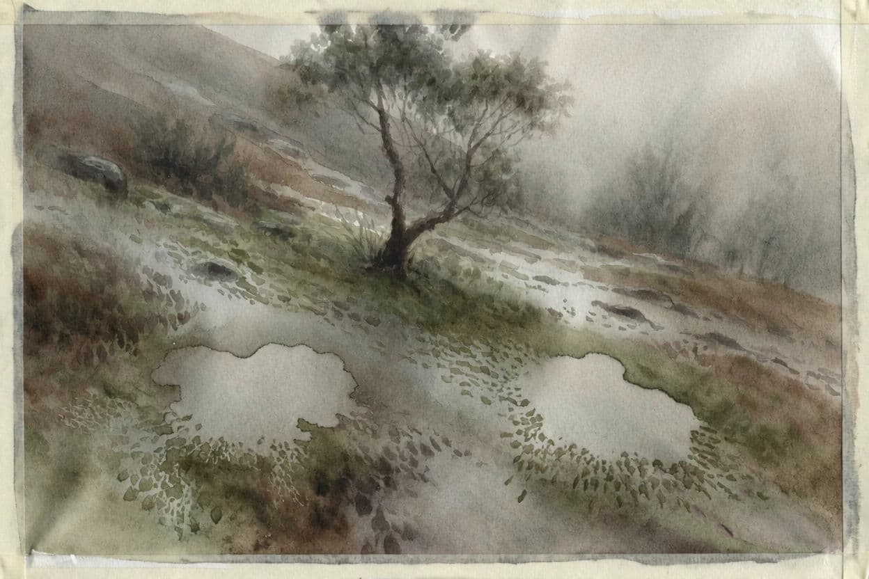 Watercolour sheet photographed with its stretched tape border and buckled surface, generated with Krea 2 Medium