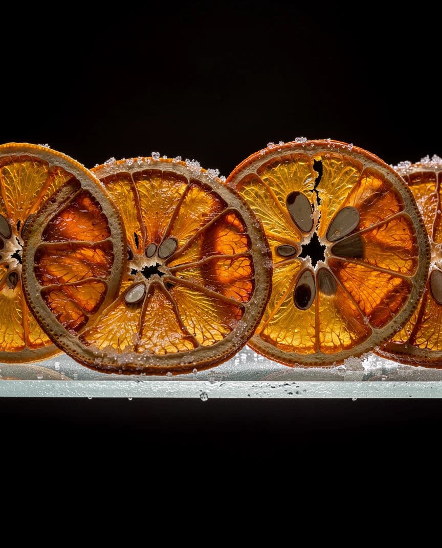 Backlit dried citrus slices glowing translucent, generated with Flux