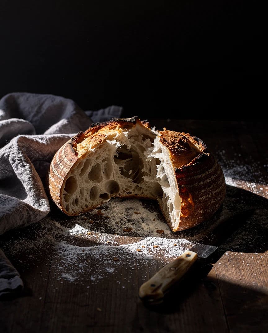 Chiaroscuro still life of bread and a knife, generated with Flux