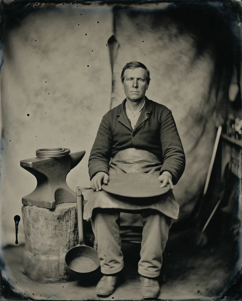Wet plate collodion portrait of a blacksmith with plate edge artefacts, generated with Krea