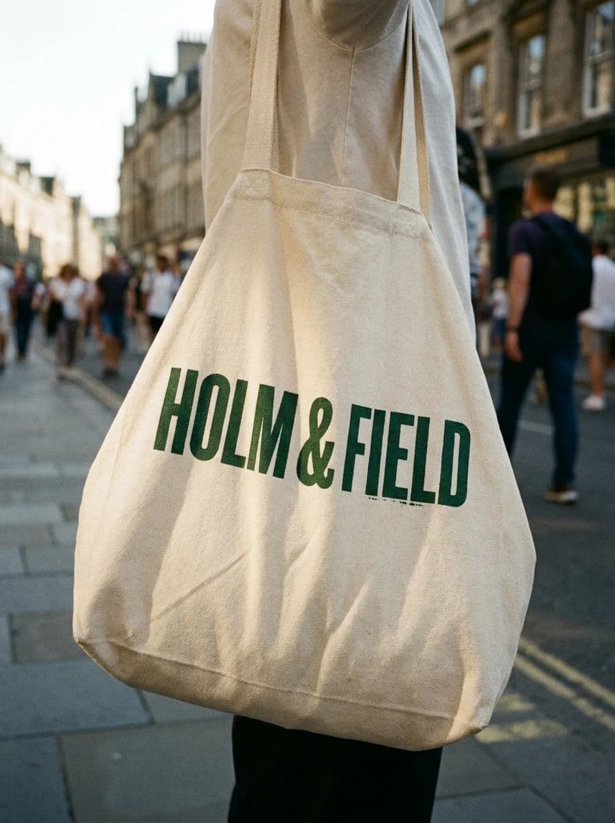 Screen-printed tote bag carried on a shoulder, the wordmark following the fabric folds, generated with Nano Banana