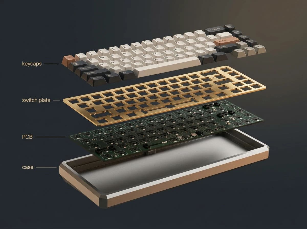 Exploded view of a mechanical keyboard with four labelled callouts, generated with Nano Banana
