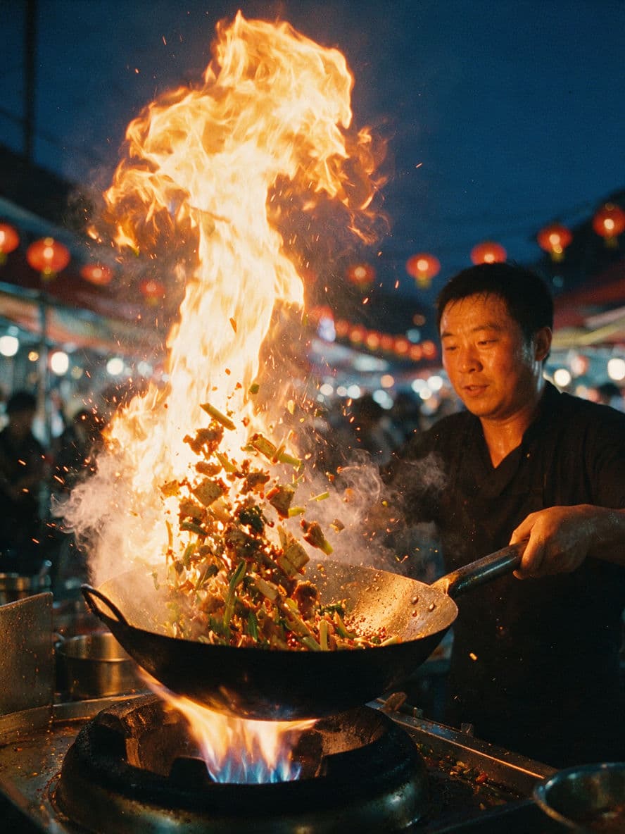 Chengdu night street food wok fire generated with Seedream 5.0 Pro