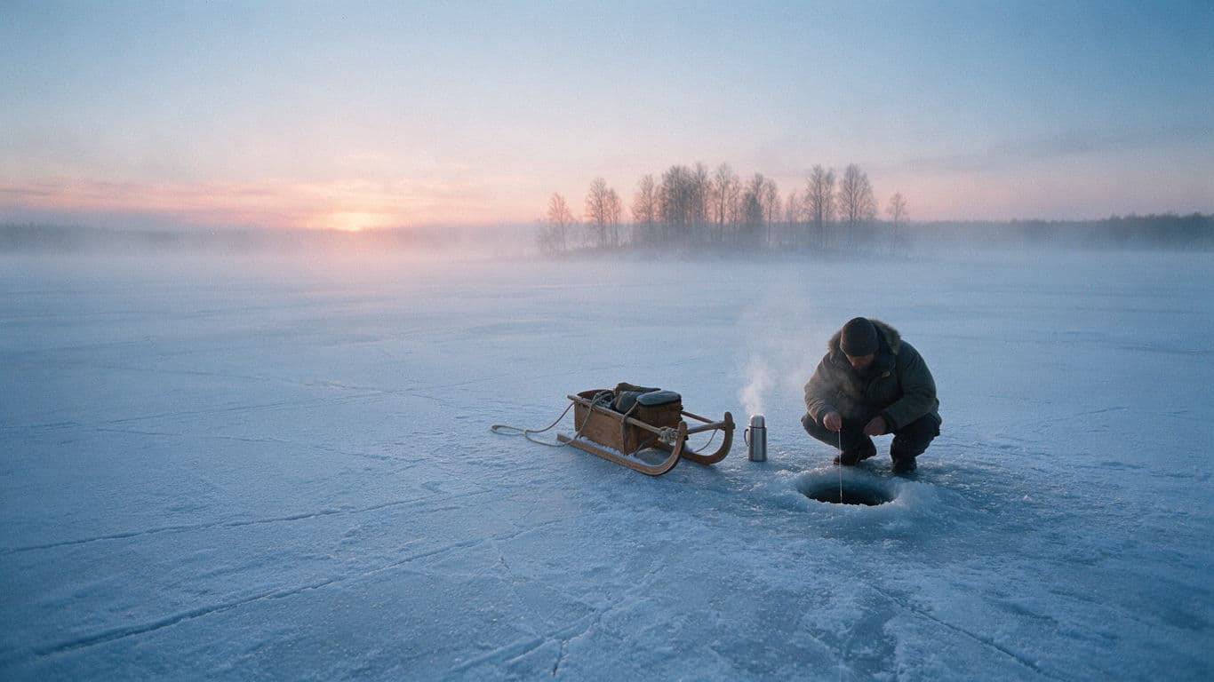 Ice fisherman at dawn on a frozen lake generated with Seedream 5.0 Pro