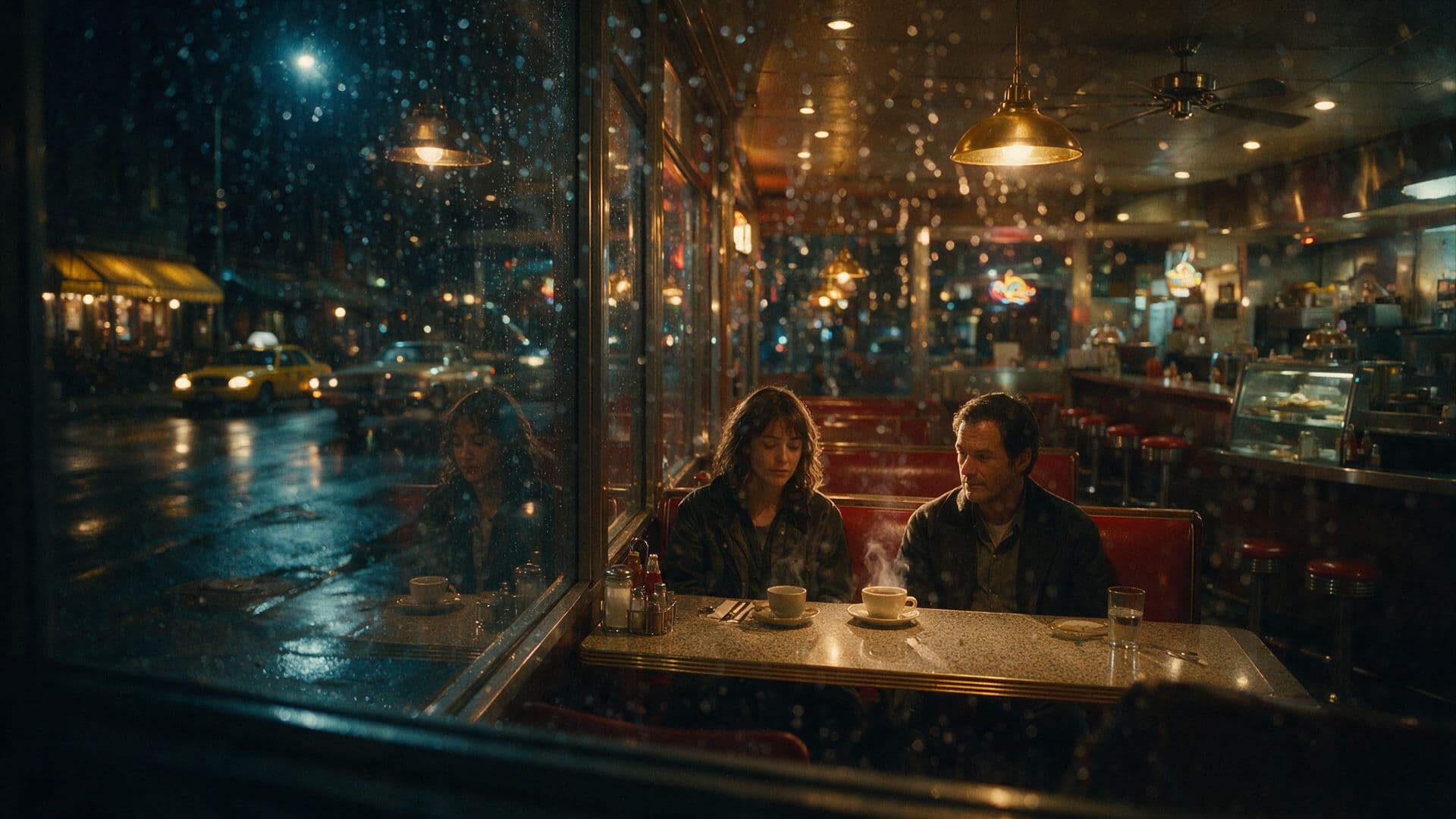 Late-night diner two-shot through rainy window generated with Seedream 5.0 Pro