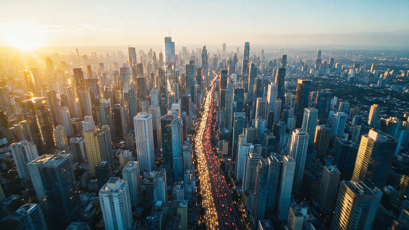 Megacity dusk aerial drone film still generated with Seedream 5.0 Pro