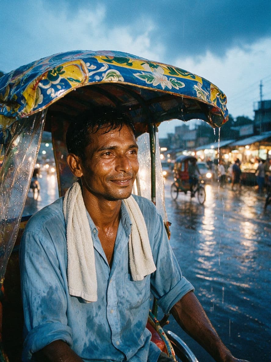Monsoon rickshaw driver portrait Dhaka generated with Seedream 5.0 Pro