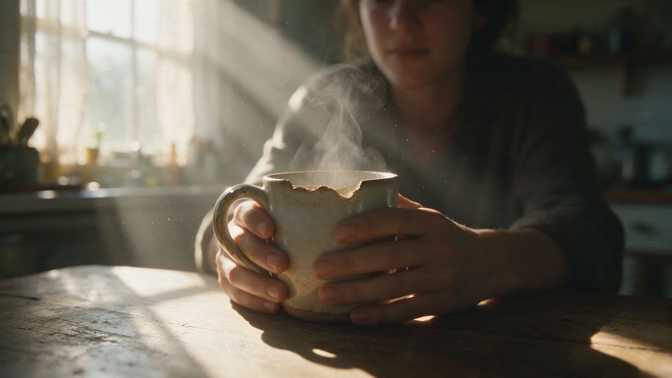 Dawn kitchen hands and mug intimate film still generated with Seedream 5.0 Pro
