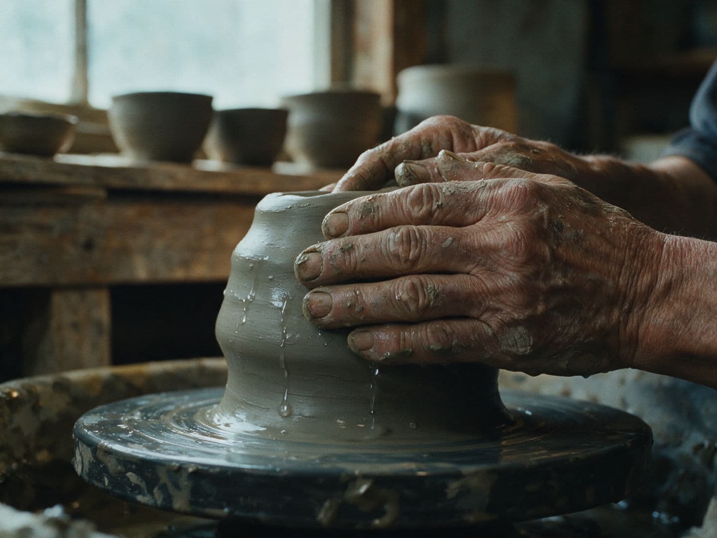 Elderly potter hands at the wheel generated with Seedream 5.0 Pro