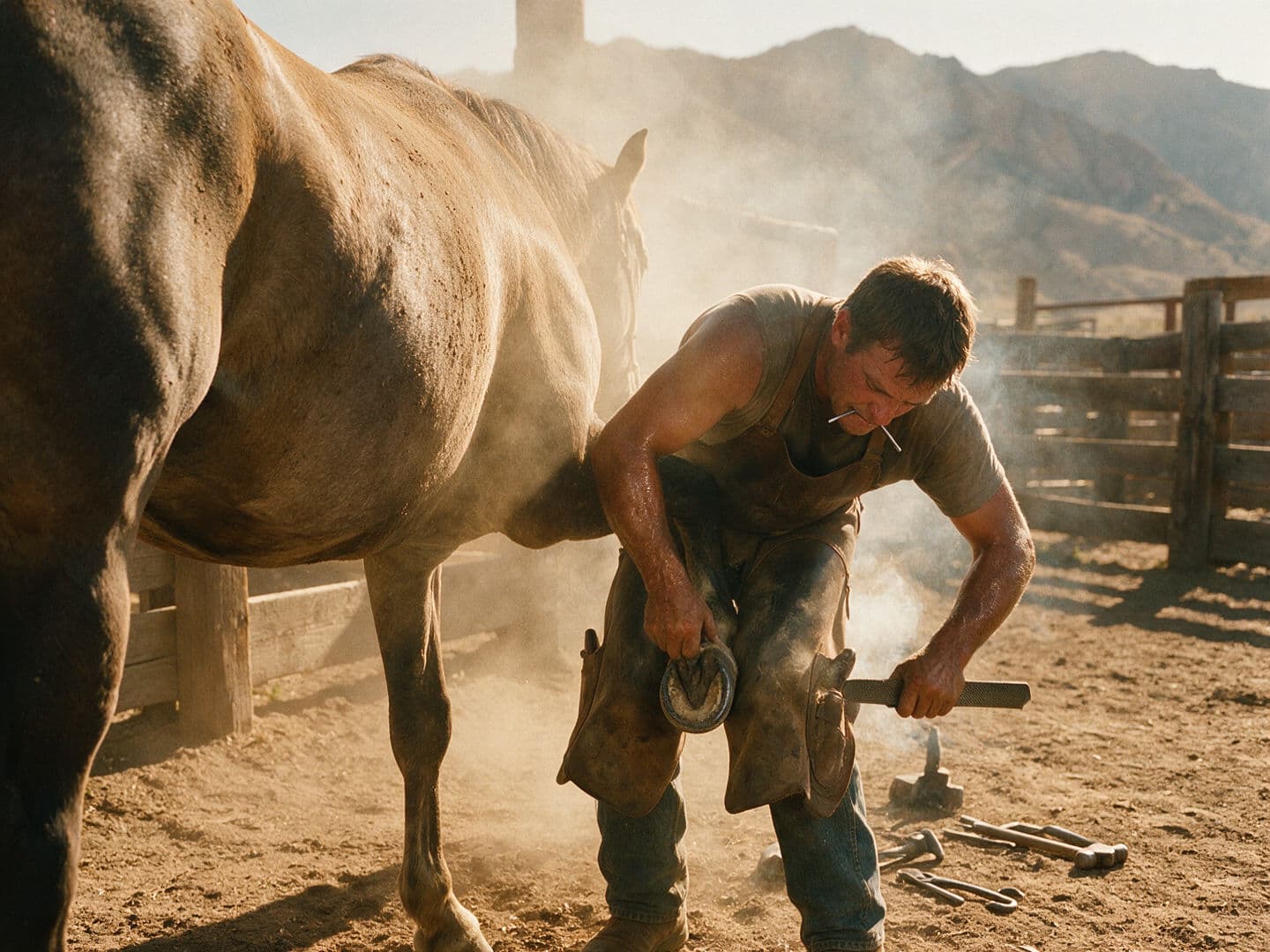 Ranch farrier shoeing a horse in dust generated with Seedream 5.0 Pro