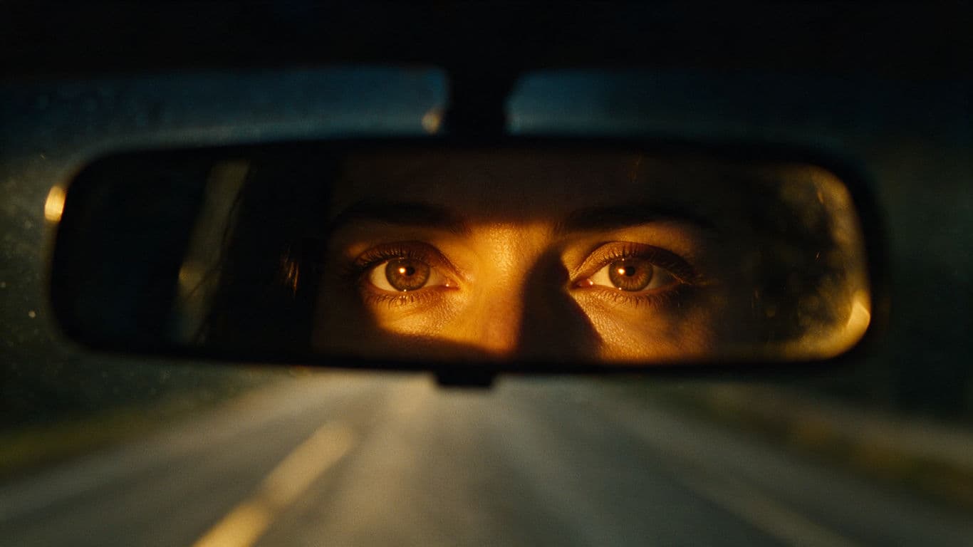 Rearview mirror extreme close-up film still generated with Seedream 5.0 Pro