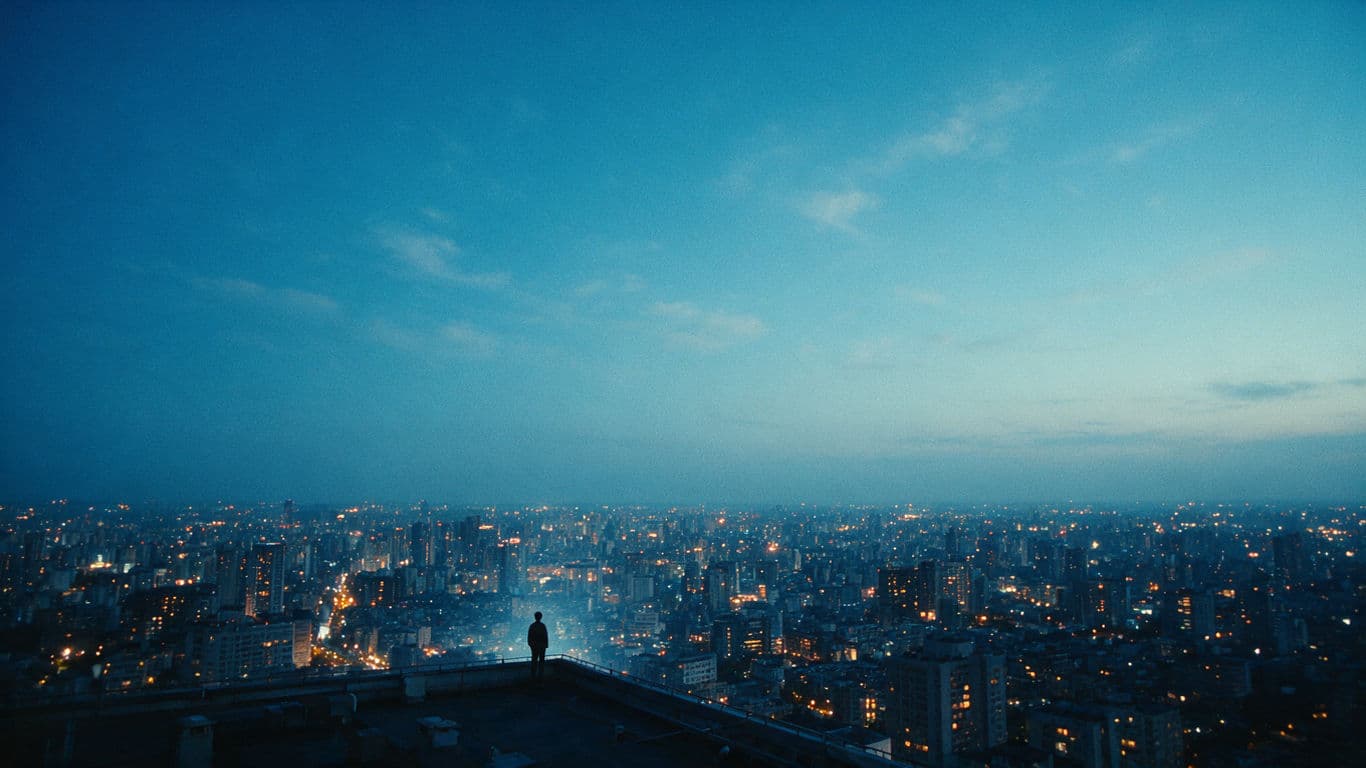 Blue-hour rooftop solitary figure film still generated with Seedream 5.0 Pro