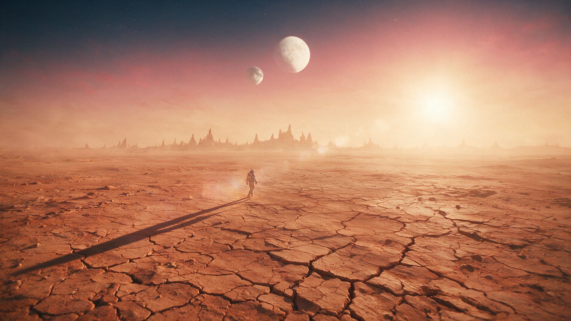 Lone spacesuit traveller alien desert epic wide generated with Seedream 5.0 Pro