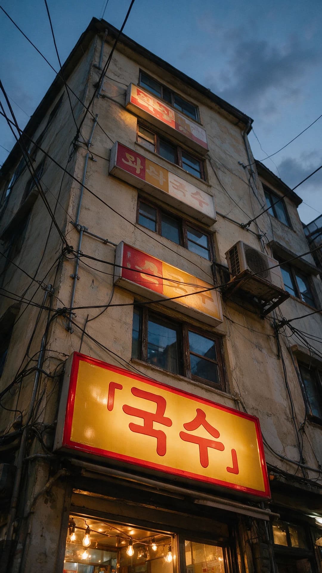 Stacked Korean signboards on a narrow building facade at dusk, generated with Seedream