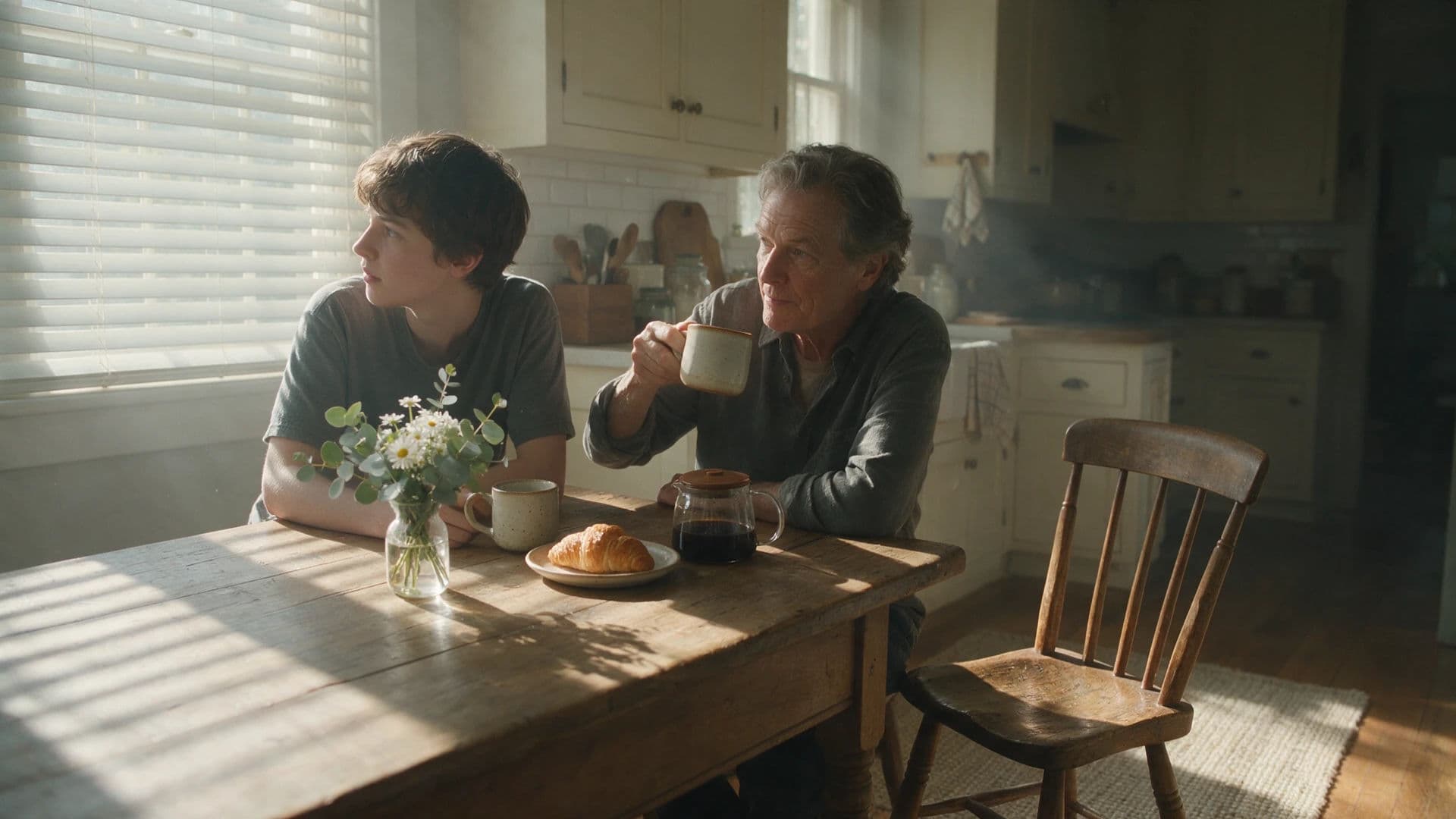Two figures at a kitchen table with an eyeline leading out of frame, generated with Seedream